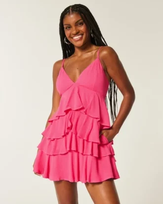 Babydoll-Minikleid mit V-Ausschnitt und Rüschen