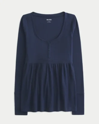 Babydoll-Oberteil mit Henley-Ausschnitt und Bindeband