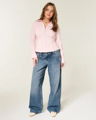 Baggy-Jeans mit niedriger Leibhöhe, dunkler Waschung und Blumenstickerei
