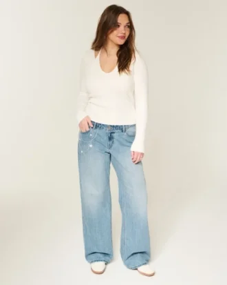 Baggy-Jeans mit niedriger Leibhöhe, heller Waschung und Kettenstickerei