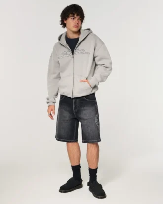 Baggy-Jeansshorts mit doppeltem Grafikprint