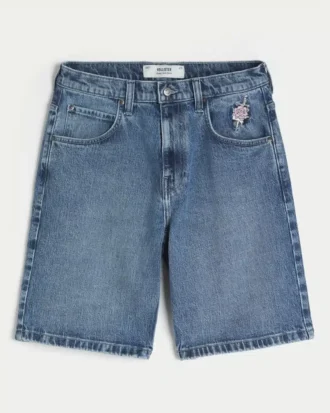 Baggy-Jeansshorts mit Rosengrafik