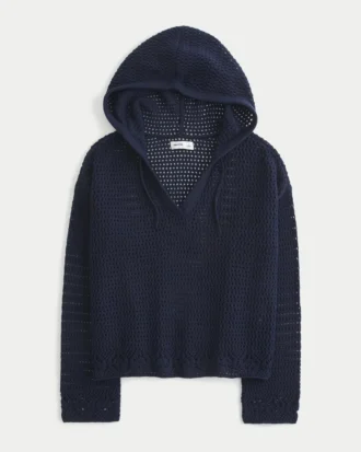 Beachy-Pullover mit Kapuze und V-Ausschnitt im Häkelstil
