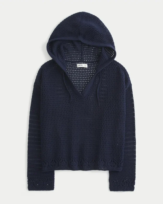 Beachy-Pullover mit Kapuze und V-Ausschnitt im Häkelstil Beachy-Pullover mit Kapuze und V-Ausschnitt im Häkelstil