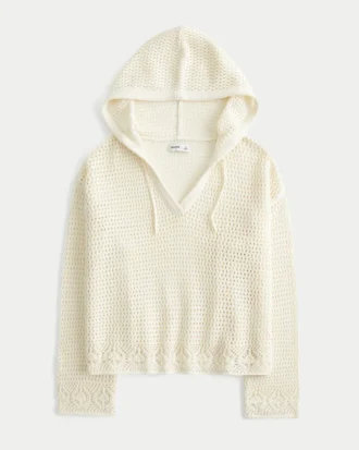 Beachy-Pullover mit Kapuze und V-Ausschnitt im Häkelstil