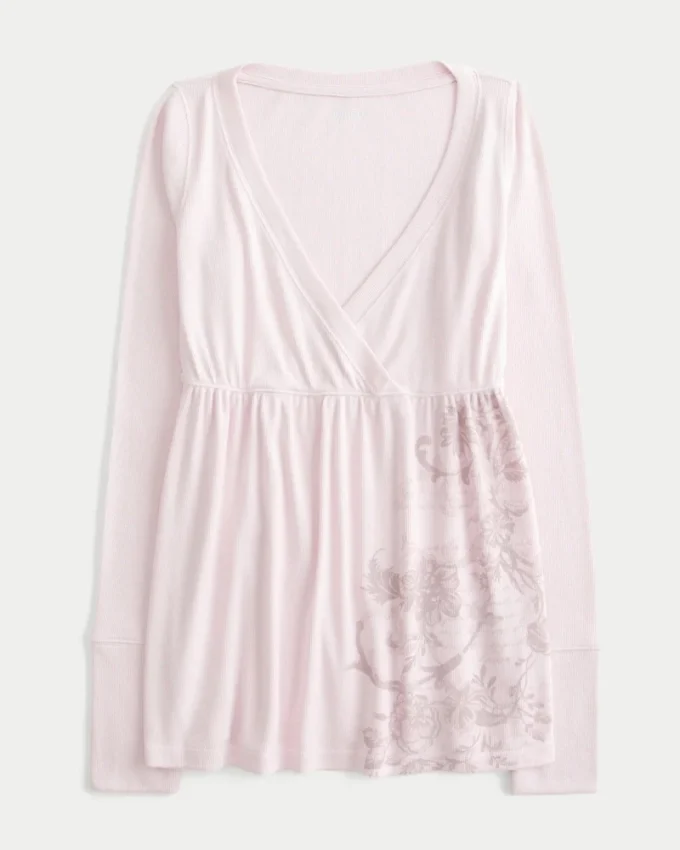 Bequemes Babydoll-Oberteil mit Blumenmuster und langen Ärmeln Bequemes Babydoll-Oberteil mit Blumenmuster und langen Ärmeln