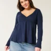 Bequemes Langarm-Babydoll-Oberteil mit Pointelle-Strick