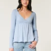 Bequemes Langarm-Babydoll-Oberteil mit Pointelle-Strick Bequemes Langarm-Babydoll-Oberteil mit Pointelle-Strick