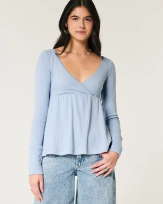 Bequemes Langarm-Babydoll-Oberteil mit Pointelle-Strick