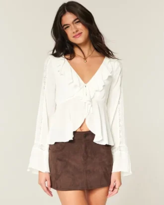 Bequemes langärmeliges Babydoll-Oberteil mit Rüschen