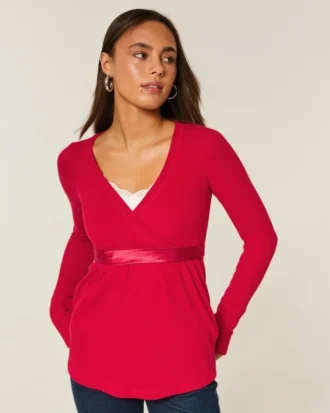 Bequemes langärmeliges Babydoll-Oberteil mit Wickelausschnitt
