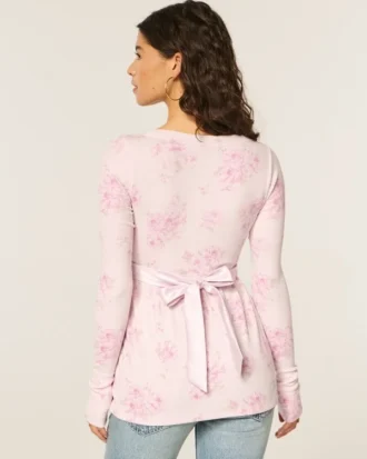 Bequemes langärmeliges Babydoll-Oberteil mit Wickelausschnitt