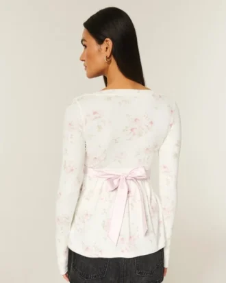 Bequemes langärmeliges Babydoll-Oberteil mit Wickelausschnitt