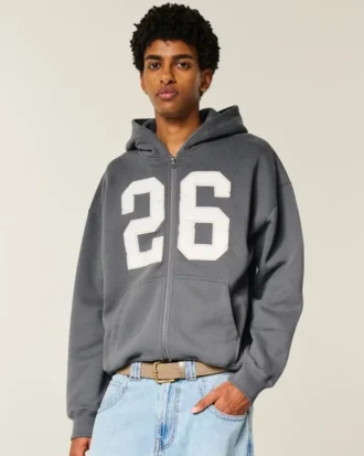 Boxy Zip-Up Number Graphic Hoodie