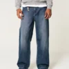 Dunkel gewaschene Jeans mit Logo-Stickerei Super Baggy Jeans Dunkel gewaschene Jeans mit Logo-Stickerei Super Baggy Jeans