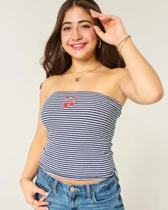 Geripptes, trägerloses, besticktes Tube-Top mit Kirschmotiv