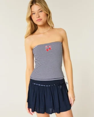 Geripptes, trägerloses, besticktes Tube-Top mit Kirschmotiv
