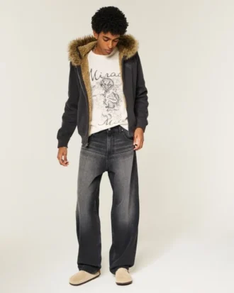 Gewaschene schwarze Baggy-Jeans mit Grafik