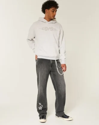 Gewaschene schwarze Baggy-Jeans mit Stern-Grafik