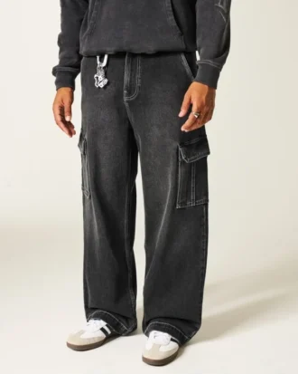 Gewaschene schwarze Super-Baggy-Cargo-Jeans
