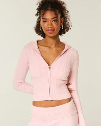 Gilly Hicks Kapuzenpullover mit Reißverschluss und Zopfmuster
