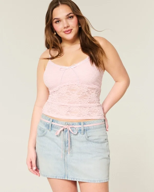 Hellblau gewaschene Mini-Skort aus Denim mit Schnürung Hellblau gewaschene Mini-Skort aus Denim mit Schnürung