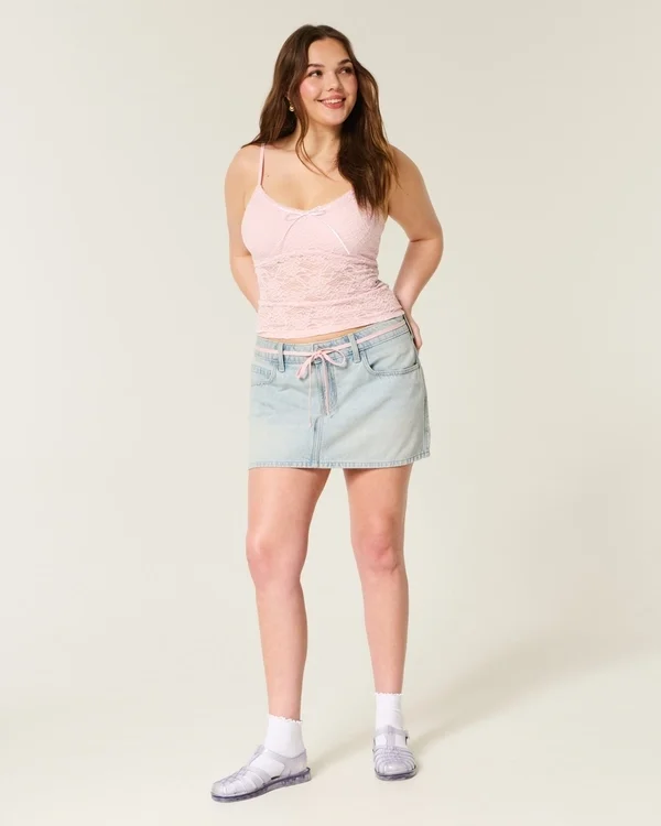 Hellblau gewaschene Mini-Skort aus Denim mit Schnürung Hellblau gewaschene Mini-Skort aus Denim mit Schnürung