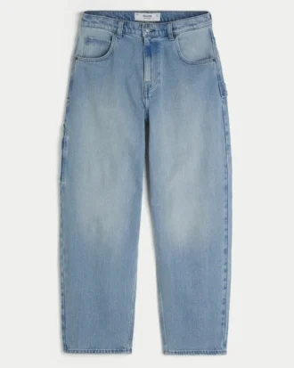 Hellblaue, bestickte Skater-Baggy-Jeans mit Gesäßtasche