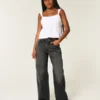Hoch geschnittene, gewaschene schwarze Baggy-Jeans Hoch geschnittene, gewaschene schwarze Baggy-Jeans