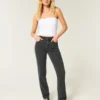 Hoch geschnittene, gewaschene schwarze Straight-Jeans Hoch geschnittene, gewaschene schwarze Straight-Jeans