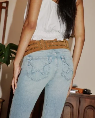 Hoch geschnittene, hellblaue Star Pocket Flare Jeans