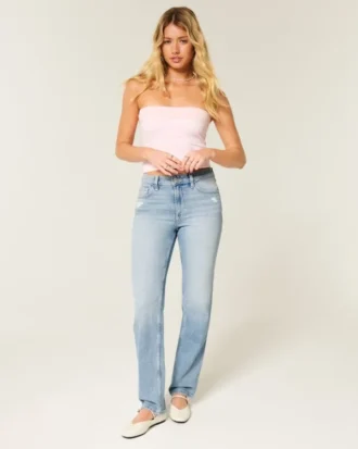 Hoch geschnittene Straight-Jeans in heller Waschung mit Used-Look