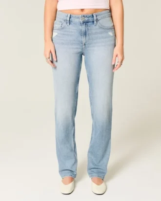 Hoch geschnittene Straight-Jeans in heller Waschung mit Used-Look