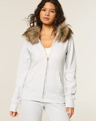 Kapuzenjacke mit Kunstfellbesatz und Reißverschluss