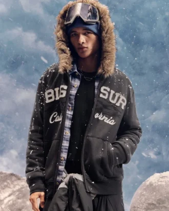 Kapuzenjacke mit Kunstfellbesatz und Reißverschluss, Big Sur-Grafik