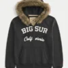 Kapuzenjacke mit Kunstfellbesatz und Reißverschluss, Big Sur-Grafik