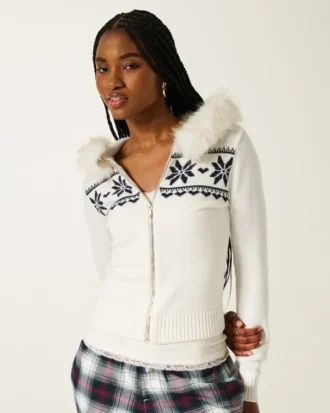 Kapuzenpullover mit Kunstfellbesatz und Fair-Isle-Muster Kapuzenpullover mit Kunstfellbesatz und Fair-Isle-Muster