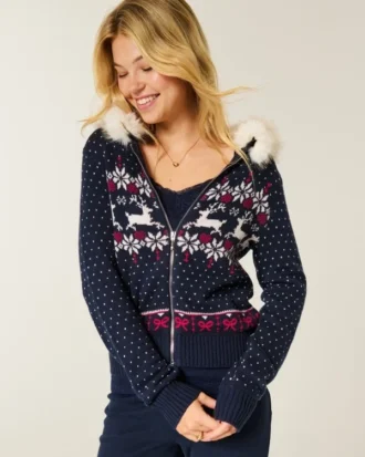 Kapuzenpullover mit Kunstfellbesatz und Fair-Isle-Muster