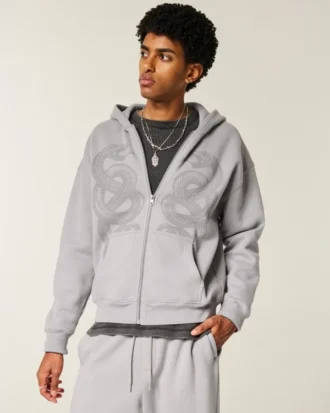 Kastenförmiger Hoodie mit Reißverschluss und doppeltem Schlangenmotiv
