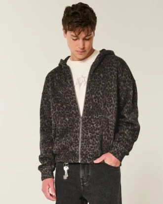 Kastenförmiger Hoodie mit Reißverschluss und Leopardenmuster