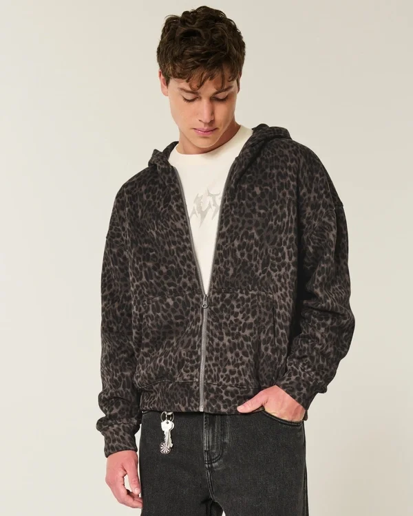 Kastenförmiger Hoodie mit Reißverschluss und Leopardenmuster Kastenförmiger Hoodie mit Reißverschluss und Leopardenmuster