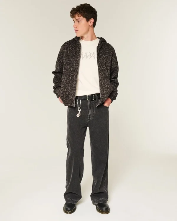 Kastenförmiger Hoodie mit Reißverschluss und Leopardenmuster Kastenförmiger Hoodie mit Reißverschluss und Leopardenmuster