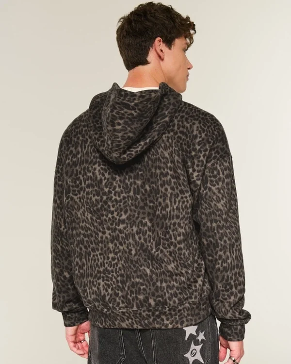 Kastenförmiger Hoodie mit Reißverschluss und Leopardenmuster Kastenförmiger Hoodie mit Reißverschluss und Leopardenmuster