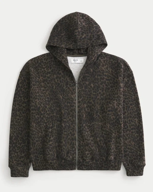 Kastenförmiger Hoodie mit Reißverschluss und Leopardenmuster Kastenförmiger Hoodie mit Reißverschluss und Leopardenmuster