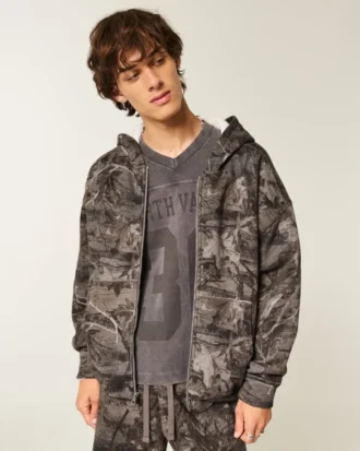 Kastenförmiger, thermofutterter Camouflage-Hoodie mit Reißverschluss