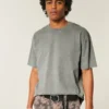 Kastenförmiges, schweres, gewaschenes Baumwoll-T-Shirt mit Rundhalsausschnitt