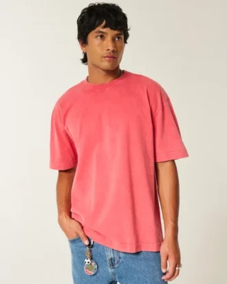 Kastenförmiges, schweres, gewaschenes Baumwoll-T-Shirt mit Rundhalsausschnitt