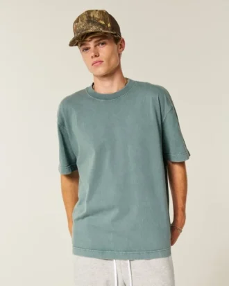 Kastenförmiges, schweres, gewaschenes Baumwoll-T-Shirt mit Rundhalsausschnitt