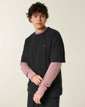 Kastenförmiges, schweres Micro-Logo-T-Shirt mit Rundhalsausschnitt