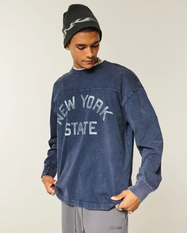 Kastig geschnittenes, schweres Langarm-T-Shirt mit New York State-Grafik Kastig geschnittenes, schweres Langarm-T-Shirt mit New York State-Grafik